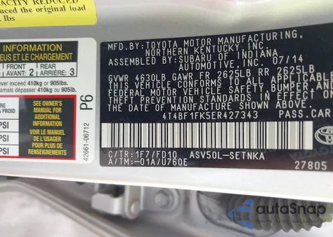 2014 Toyota Camry Le z USA, uszkodzony, nr VIN 4T4BF1FK5ER427343